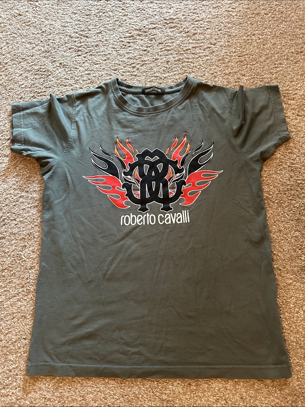 Roberto Cavalli Olive Tee with Red & Black Flame Emblem